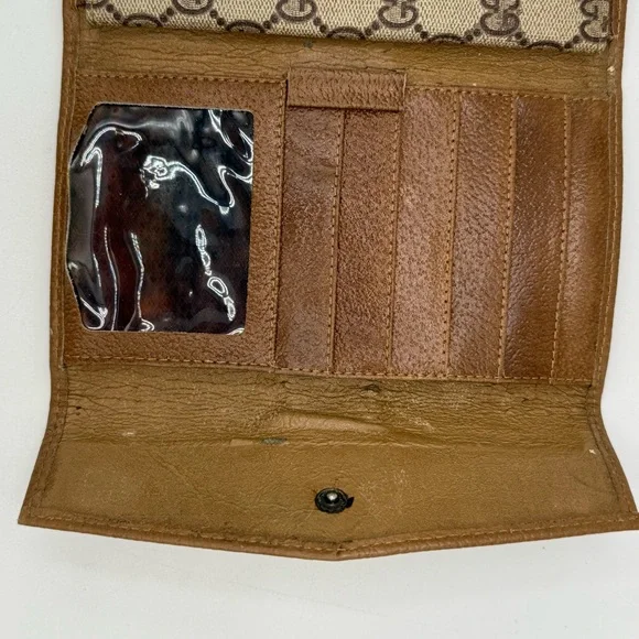 Vintage Gucci Trifold Monogrammed Clutch Brown Tan - Picture 9 of 15